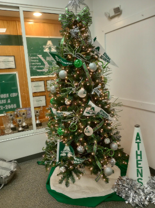 Christmas tree set up in the Sinkwich Spartan Center